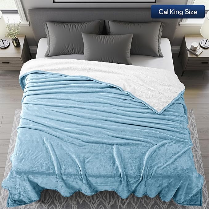 Utopia Bedding Sherpa Blanket California King Size (Washed Blue, 102x96 Inches) - Soft Lightweight Plush Fleece Reversible Blanket for Bed, Sofa, Couch, Camping and Travel
