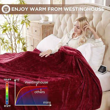Westinghouse Queen Size Electric Heating Blanket - 10 Levels, Auto Shut Off, Fast Heating - Machine Washable (Queen, 84x90 Inches, Wine Red)