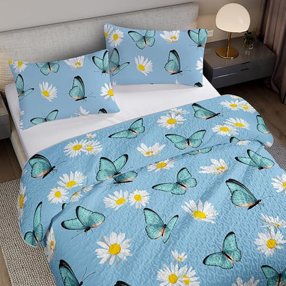 QOOMO Butterfly Quilt Set Full/Queen Size,Daisy Bedspread Coverlet Set,Butterflies 3Pcs Bedding Set Printed Quilt with 2 Pillowcases,Soft and Lightweight,for All Seasons