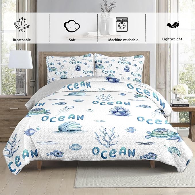 Twin Quilt Bedding Set 3 Pieces,Sea Turtle Shell Coral Pattern Bed Sets for Room Coastal Decor,Ocean Themed Bedding Summer Quilt with 2 Pillowcases.