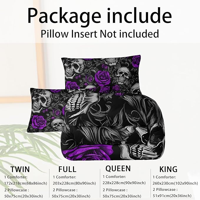 Sugar Skull Full Size Comforter Set Floral Bedding Set,Gothic Skull Bedding Set for Boys Girls,Skeleton Bone Rose Blossoms Print Halloween Quilt Set,Horror Comforter Set for Bedroom Decor