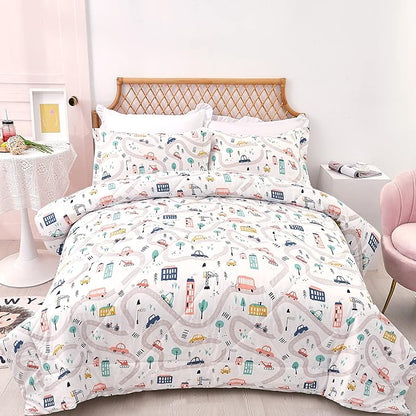 JSD Car Kids Comforter Set Twin Size, 2 Piece Printed Microfiber Comforter with Pillow Sham, Lightweight All Season Washable