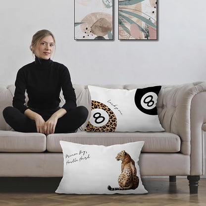 Trendy Lucky 8 Ball Leopard Pillow Covers 12x20 Set of 2, Cheetah Print Room Decor, Funky Black and Leopard Ball Cheetah Decorative Lumbar Pillow Covers for Home Bedroom Living Room