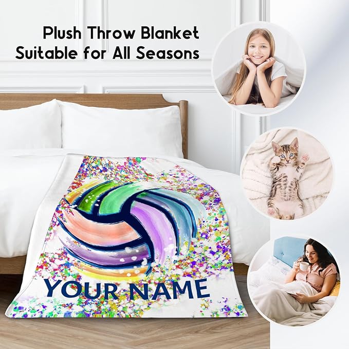 Personalized Volleyball Blanket Gifts with Name - 60"x80" Sports Throw Blanket for Adults, Kids - Colorful Soft Plush Throws for Bed, Couch & Living Room