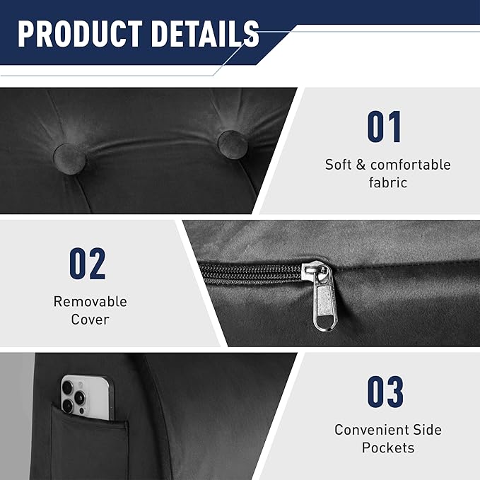 Daneey Reading Pillows for Sitting in Bed Adult Back Pillow for Sitting Up, Back Support Pillow for Bed, Foam Wedge Pillow for Neck, Lumbar, Back, Black, 20 * 9 * 22IN, Velvet