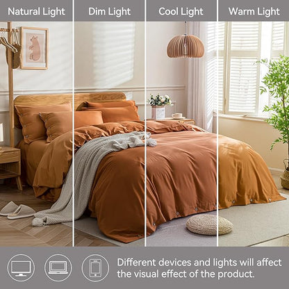 JELLYMONI Cotton Duvet Cover King Size - Burnt Orange Comforter Cover with Button 100% Washed Cotton 3PCS Breathable Soft Solid Bedding Set Duvet Cover 104×90in & 2 Pillowcases (NO Comforter)