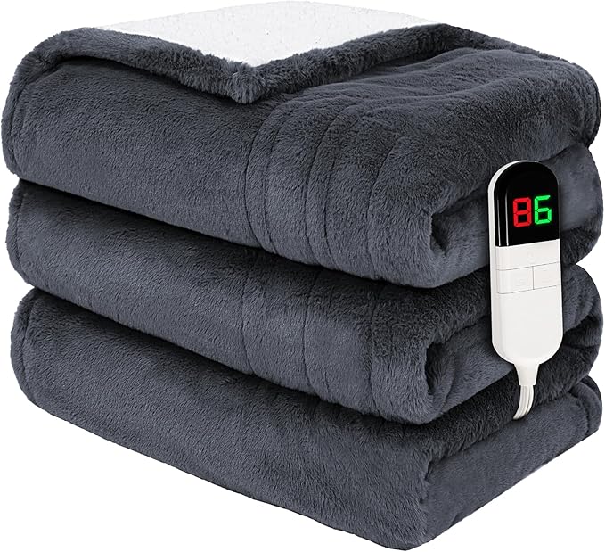 Premium Heated Blanket Twin 62"×84" - Ultra Cosy Soft Electric Blanket with 8 Heating Levels,Plush Fast Heating Faux Rabbit Fur Blanket for Bed & Couch - Auto Shut Off,Machine Washable (Grey)