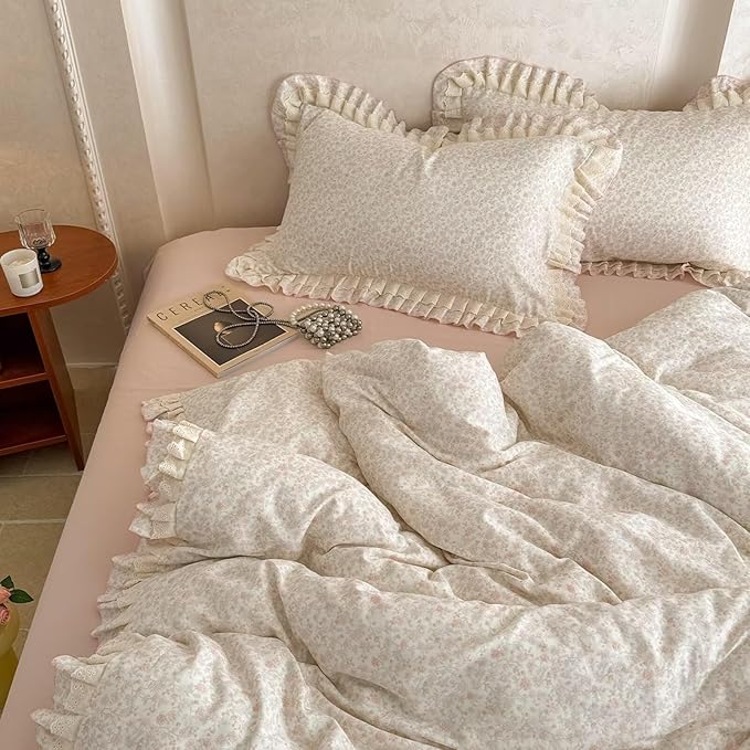 BuLuTu French Cottage Pink Floral Duvet Cover Full, Lace Bedding Set for Teens Girls Ruffled Duvet Cover, Soft Breathable Muslin Cotton Comforter Cover with Zipper Closure, 4 Ties