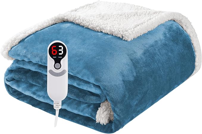 Electric Heated Blanket Throw Size 50"x60", Soft Flannel with Overheat Protection, 6 Adjustable Heat Settings & 3-Hour Auto-Off Timer, Fast Heating for Winter Comfort, Blue