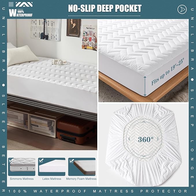 Twin XL Size Waterproof Mattress Protector Quilted, Breathable Ultra-Soft Filling Mattress Pad, Fitted Deep Pocket Mattress Cover Fits 6''-19'' Mattress White