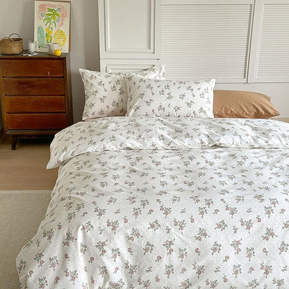 AOJIM Aesthetic Floral Pattern Duvet Cover Set for Kids and Adults, 100% Cotton Skin-Friendly Comforter Cover Set 3pcs, 1 Super Soft Quilt Cover King Size and 2 Matching Pillowcases for Room Decor