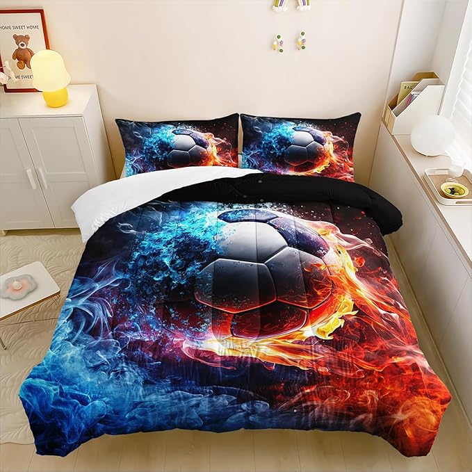 Soccer Print Themed Comforter 3Pcs Full Gaming Sport Soccer Bedding Set for Kid Teen Girl Boy Adult Balls Sports Games Ice and Fire Football Quilt Room Decor with 1 Comforter and 2 Pillowcases