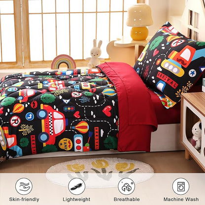 Wowelife Toddler Bedding Set 4 Piece Black Toddler Bed Set with Comforter, Flat Sheet, Fitted Sheet and Pillowcase(Black Transportation)