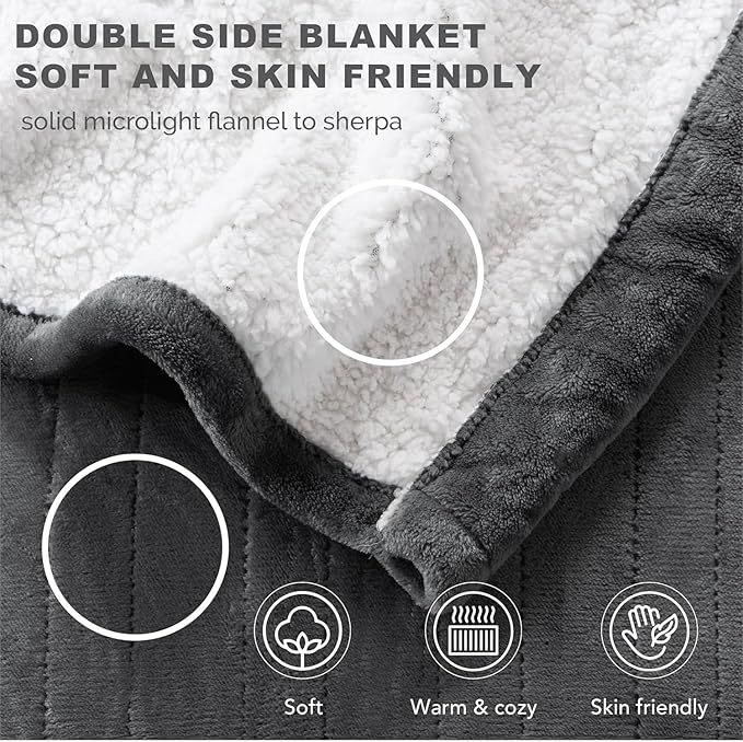 Sherpa Heated Blanket Twin Size, Soft Electric Blankets Washable | Controller with 1-10 Hour Auto Shut Off | 6 Heat Settings | Washable, 62" X 84" Grey