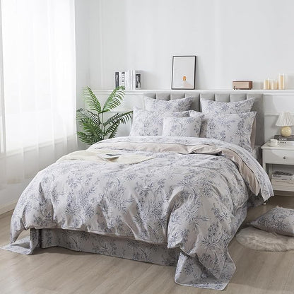 FADFAY Duvet Cover Set Vintage Peony Floral Bedding Shabby Khaki Floral Quilt Cover Set Rustic Farmhouse Bedding 100% Cotton Comforter Cover with Hidden Zipper Closure 3Pcs, King/California King Size