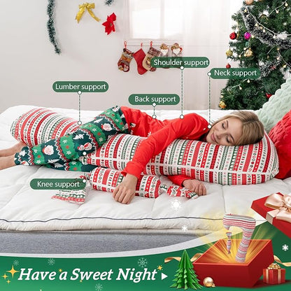 Long Body Pillow with Mini Candy Pillow - Full Size Hugging & Cuddle Bolster, Removable Red Christmas Print Cover, Adjustable Firmness, Machine Washable- for Adults, Kids, Pregnancy Support