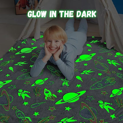 Glow in The Dark Blanket,Space Gifts Toys for Boys Girls, Astronaut Birthday Presents Decor for Kids Age 3-14 Year Old Son Teen Child Toddler Luminous Christmas Bedroom Throw Blanket 50"x60"