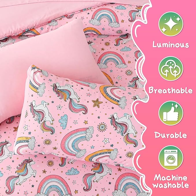 Glow in The Dark Kids Comforter Set， 4 Pieces Pink Unicorn Bedding Set Full Size for Boys Girls Teen, 1 Comforter, 1 Pillowcase, 2 Pillow Shams