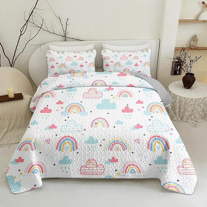 QOOMO Rainbow Quilt Set Twin Size,Clouds Bedspread Coverlet Set,Colorful Rainbow 3Pcs Bedding Set Printed Quilt with 2 Pillowcases,Soft and Lightweight,for All Seasons
