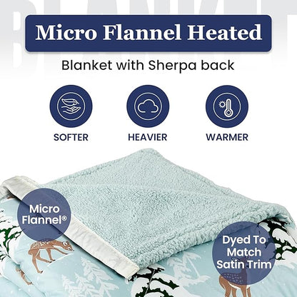 Thermee Micro Flannel Heated Blanket with Sherpa Back, 10-Setting Programmable Electric Blanket, Ultra-Soft Heated Throw - Queen Size, Winter Landscapes