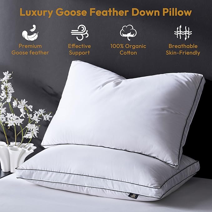 L LOVSOUL Goose Feather Down Pillow King Size of 2,Ultra Soft 100% Organic Cotton Fabric, 700TC,800 Fill Power, Luxury Hotel Collection Bed Gusseted Pillows for Back, Stomach or Side Sleepers