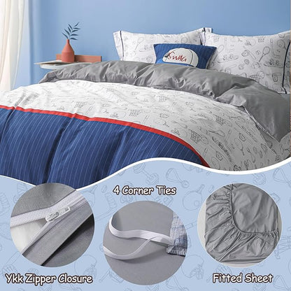 Simple&Opulence 100% Organic Cotton Duvet Cover for Kids Teens, 3 Pieces Soft Comforter Cover with Zipper Closure Cool Boy Girl Baseball Bedding Set - Sports, Twin