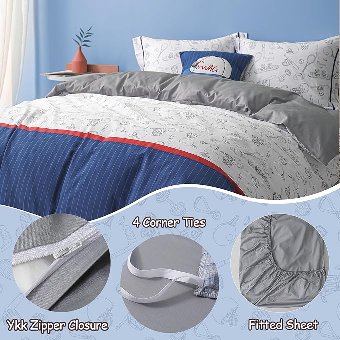 Simple&Opulence 100% Organic Cotton Duvet Cover for Kids Teens, 4 Pieces Soft Comforter Cover with Zipper Closure Cool Boy Girl Baseball Bedding Set - Sports, Full/Queen