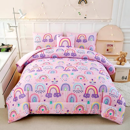 ANGIYUIN Colorful Rainbow Twin Size Comforter Set for Girls Cartoon Clouds Love Hearts Bedding Set with Sheets 6Pcs Kids Bed in A Bag, Pink, Twin
