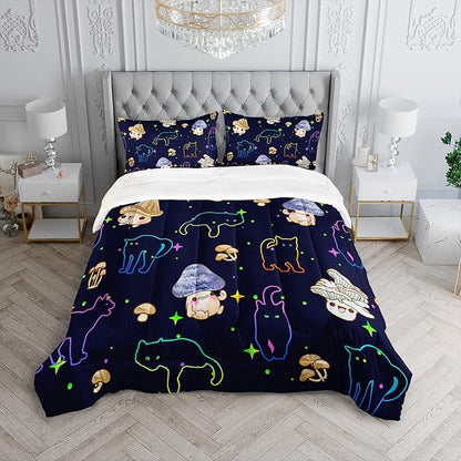 Mushroom Kawaii Cat Comforter Set Full Size Kids Mushroom Bedding Set Star Theme Quilt Bed Set for Boys Girls Adults with 1 Comforter and 2 Pillowcases