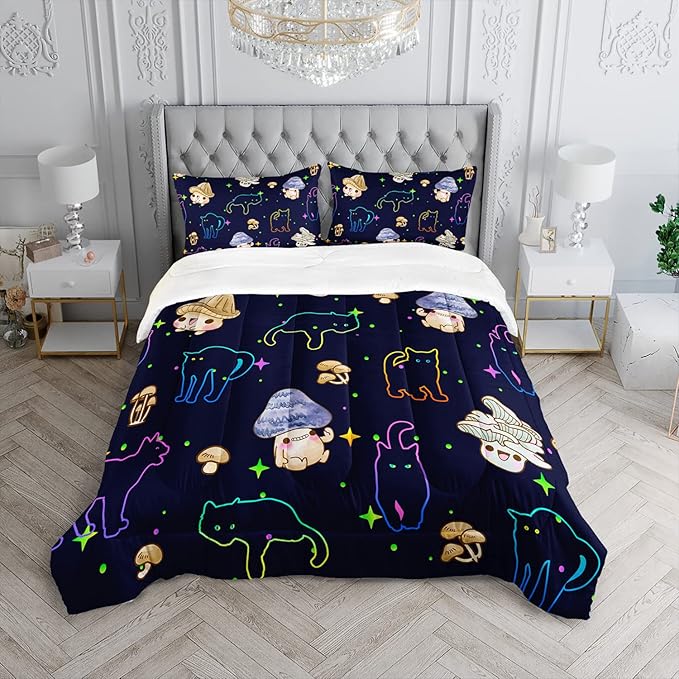 Mushroom Kawaii Cat Comforter Set Queen Size Kids Mushroom Bedding Set Star Theme Quilt Bed Set for Boys Girls Adults with 1 Comforter and 2 Pillowcases