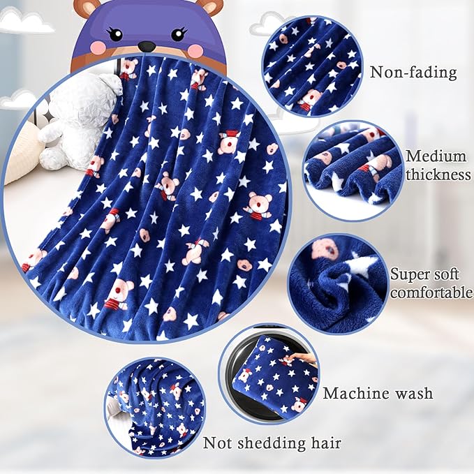 Warm Soft Toddler Fleece Blankets for Boys with Cartoon Bear & Star Pattern Print - Cozy Fuzzy Plush Flannel Kids Throw Blanket for Daycare & School - 50x60 inches