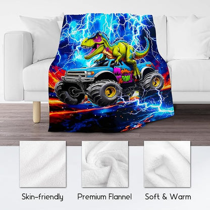 Dinosaur Blanket for Boys, Truck Blanket with Lightning, Truck Gifts for Kids Toddler, Fluffy Flannel Throw for Son Teens Adults, 60"x80"