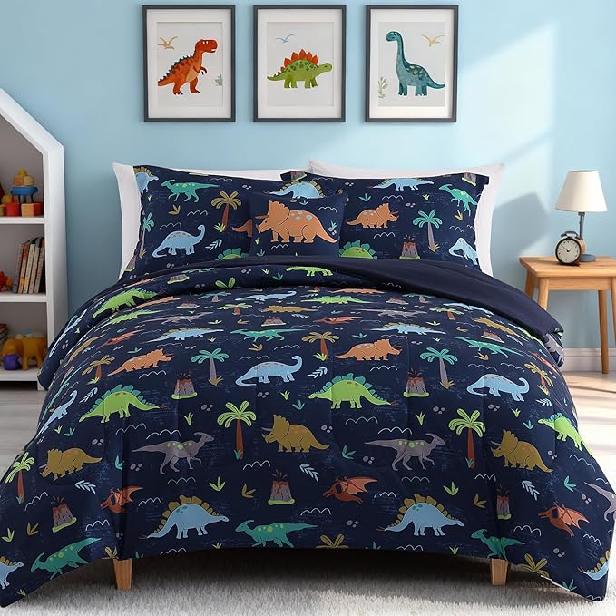 Kids Comforter Set Full Size for Boys, Navy Dinosaur Bedding Set 1 Comforter, 1 Decor Pillow, 2 Pillow Shams