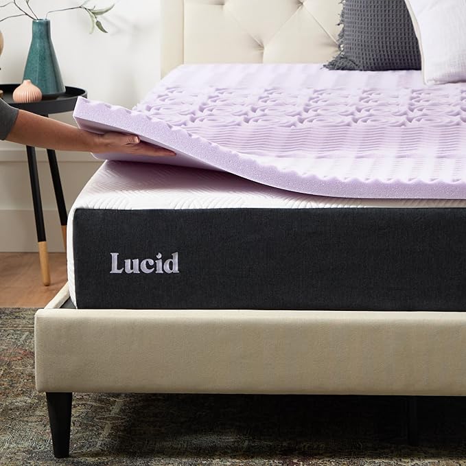 LUCID Lavender Infused 2 Inch Memory Foam Mattress Topper with 5 Zones – Twin XL Size – Plush Feel – CertiPUR Certified – Dorm Room Essentials