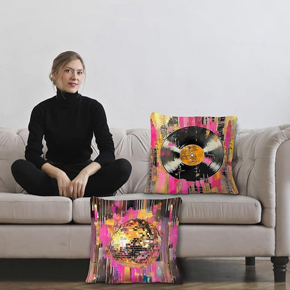 Retro Trendy Vinyl Disco Ball Pillow Covers 18x18 Set of 2, Colorful Maximalist Vinyl Record Glam Mirror Ball Decorative Throw Pillow Covers for Home Bedroom Music Room Studio