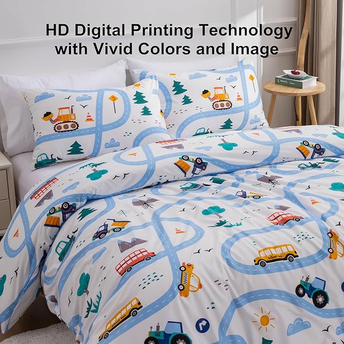 Car Kids Comforter Set Twin Size, 3 Piece Printed Microfiber Comforter with 2 Pillowcases, Lightweight Fun Boys Twin Bedding Set for All Season Washable Easy Care