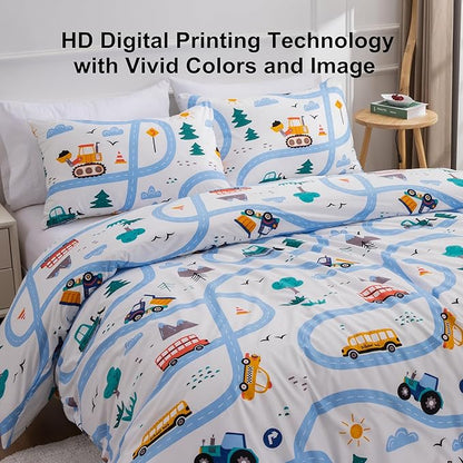 Car Kids Comforter Set Twin Size, 3 Piece Printed Microfiber Comforter with 2 Pillowcases, Lightweight Fun Boys Twin Bedding Set for All Season Washable Easy Care
