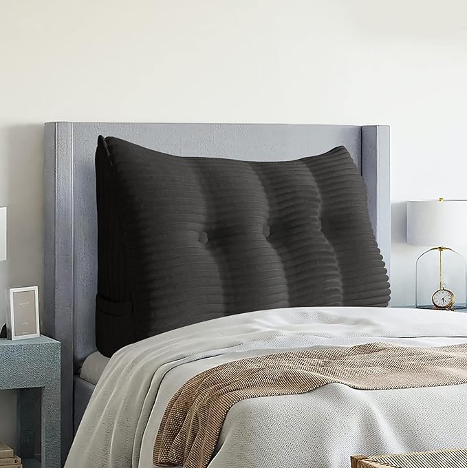 Wedge Headboard Pillow Dorm Room Reading Pillow Back Support for Sitting Up in Bed Bolster Lumbar Cushion Body Positioning Bedrest Corduroy (Black, Twin (39 * 8 * 20in))