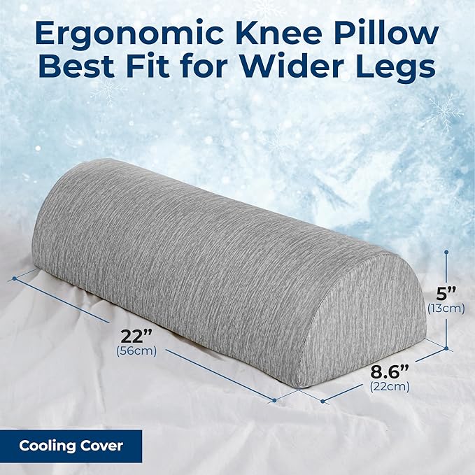 5 STARS UNITED Knee Pillow for Back Sleeping – Cooling Cover - Memory Foam Cushion for Sciatica Pain Relief – Under Leg Support for Sleeping on Back – Large Half Moon Bolster for Bed, Arctic Gray