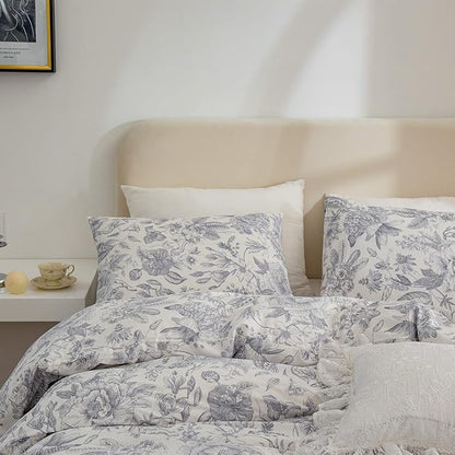 Vintage Chic Floral Duvet Cover Set, 100% Soft Cotton, 3 Pieces - Queen Size, Zipper Closure