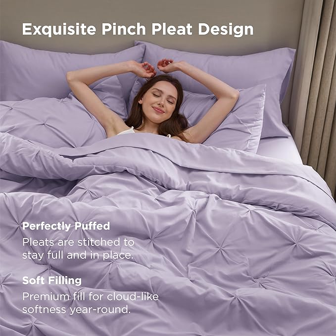 Bedsure California King Comforter Set Light Purple - Bed in a Bag Cal King Bedding Set 7 Pieces, GentleSoft™ Pintuck Bed Set Gift for Family, Pinch Pleat Comforter with Sheets, Pillowcases & Shams