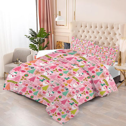 Pink Christmas Comforter Queen: Merry Xmas Santa Claus Bedding Set Queen Size for Teen Girls Women Adults Kids Christmas Tree Snowman Elk Quilt Bed Set 1 Comforter & 2 Pillowcases