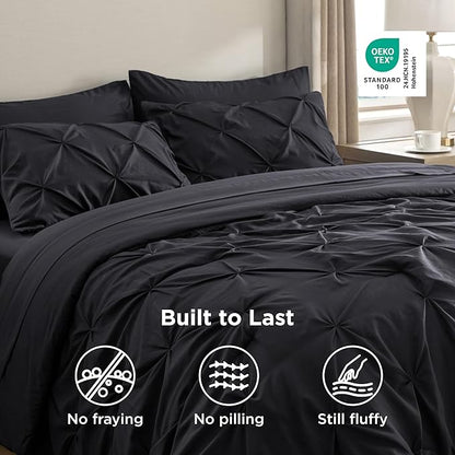 Bedsure Twin XL Comforter Set - Extra Long 5 Pieces Dorm Bedding Sets, GentleSoft™ Pinch Pleat Black Bed in a Bag with Pintuck Comforters, Sheets, Pillowcase & Sham