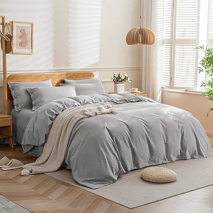 JELLYMONI Cotton Duvet Cover Twin Size - Light Gray Comforter Cover with Button 100% Washed Cotton 2PCS Breathable Soft Solid Bedding Set Duvet Cover 68×90in & 1 Pillowcase (NO Comforter)