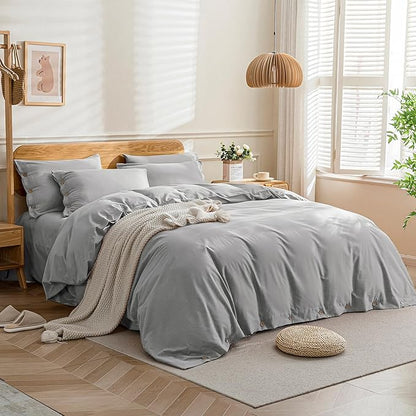JELLYMONI Cotton Duvet Cover Twin Size - Light Gray Comforter Cover with Button 100% Washed Cotton 2PCS Breathable Soft Solid Bedding Set Duvet Cover 68×90in & 1 Pillowcase (NO Comforter)