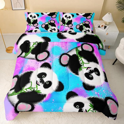 QOOMO Panda Comforter Queen Size,Neon Panda Comforter Set for Kids Teens Girls Boys,3Pcs Bedding Set Printed Comforter with 2 Pillowcases,Down Alternative,Soft and Lightweight，Queen Size