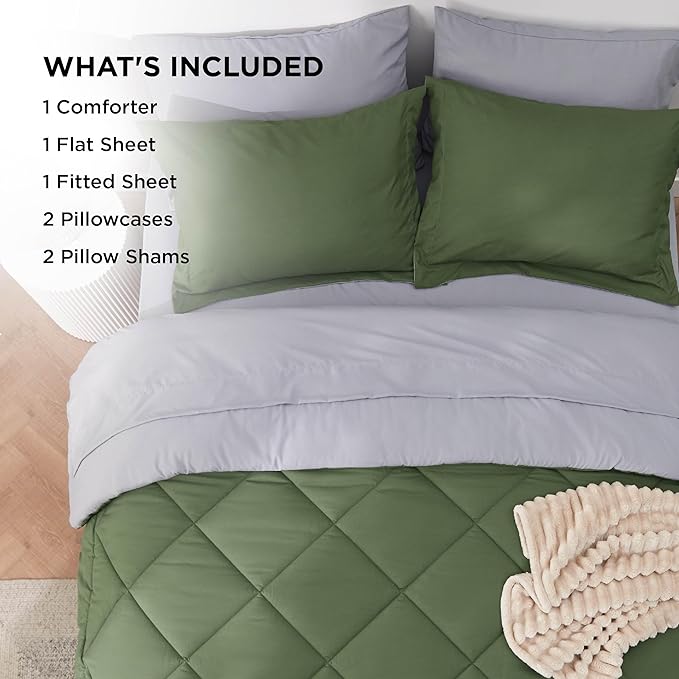 Bedsure Queen Comforter Set - 7 Pieces Reversible Olive Green Bedding, Queen Size Bed Set for All Seasons, Bed in a Bag with Down Alternative Comforter, Sheets, Pillowcases & Shams