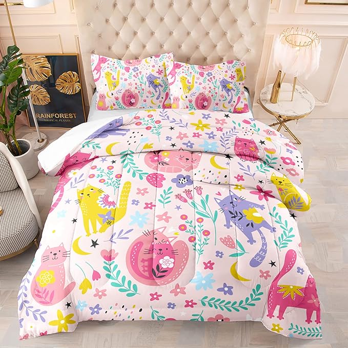 QOOMO Floral Cat Comforter Twin Size,Pink Cat Bedding Set for Kids Teens Girls,3Pcs Bedding Set Printed Comforter with 2 Pillowcases,Down Alternative,Soft and Lightweight(Pink，Twin Size)