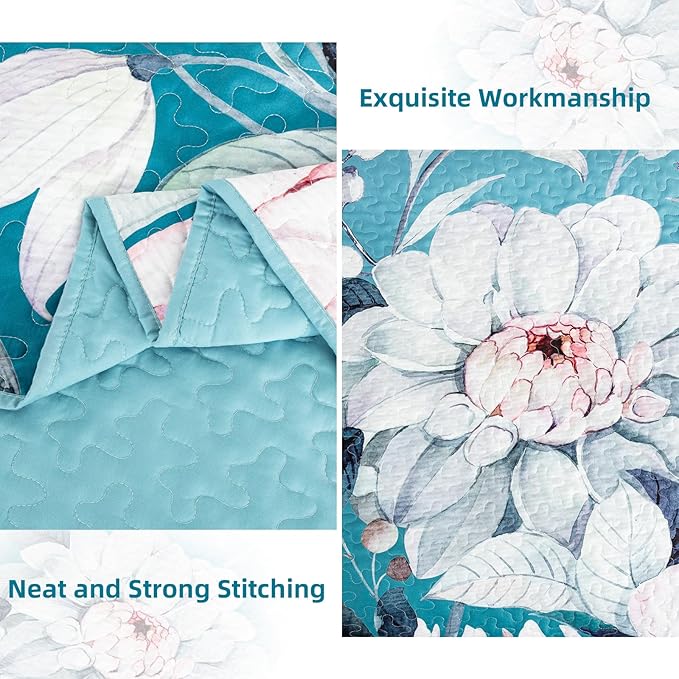 Drucon Floral Quilt Queen Size - 3 Pieces Aqua Blue Quilt Botanical Bedspread Soft Lightweight Flower Bedding Set for All Season (96"x90")
