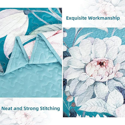 Drucon Floral Quilt King Size - 3 Pieces Aqua Blue Quilt Botanical Bedspread Soft Lightweight Flower Bedding Set for All Season (104"x90")